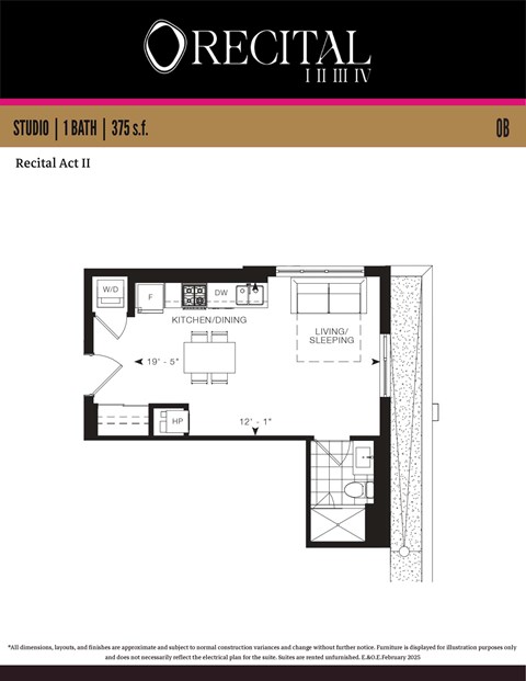 A floor plan for a studio apartment with a kitchen, dining area, and living room.